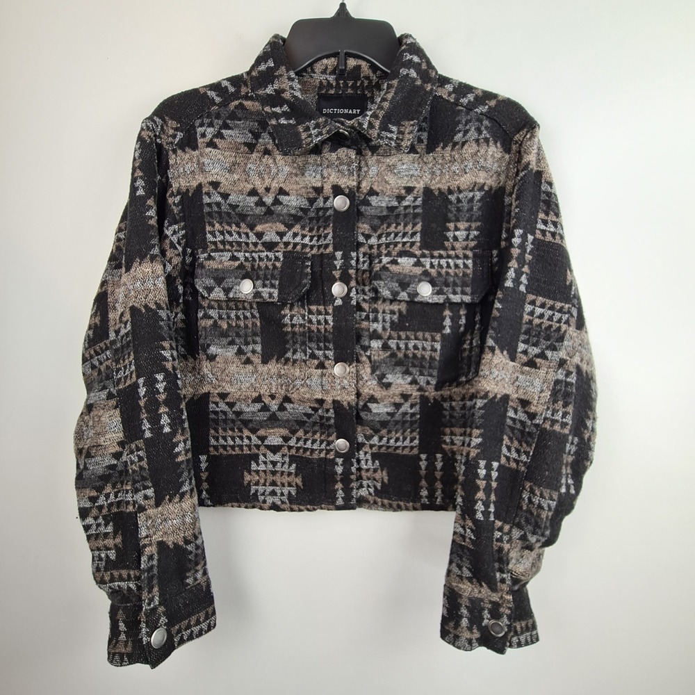 Dictionary Womens Aztec Geometric Cropped Snap Front Shacket Jacket Black Tan M